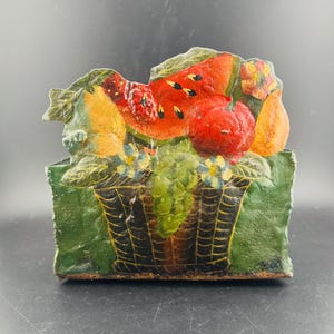 Rustic Vtg Hand Painted Fruit Basket Toleware Metal Hanging Planter Wall Pocket Primitive Kitchen Folk Art Matchholder Tole Painting AS IS