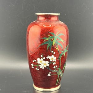 Vintage Red Japanese Sato Cloisonné Bud Vase Pigeon Blood Akasuki Ginbara Enamel White Cherry Blossoms Bamboo Willow Leaves Shōwa Period EUC