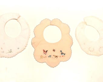 Vintage 1950s Baby Bib Collection Embroidered Lace Bibs Handmade Nathan Krauskopf Portugual Swan Flowers Duck Rooster Chicken Butterfly