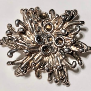 Huge Silver Modernist Pendant ca 1970s Artist One-of-a-Kind Sterling Brutalist Pendant Necklace w Smokey Stones No Chain Israeli MCM