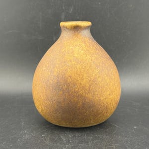 May include: A small, rounded vase with a textured, speckled surface. The vase has a narrow neck and a warm, earthy color palette of brown and yellow. The ceramic vase is a decorative item.