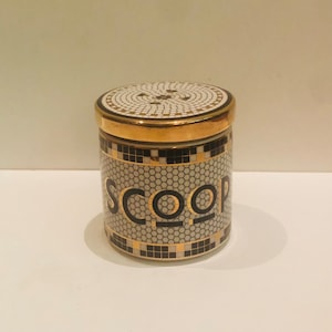 HTF Retired Anthropologie Scoop du Jour Kitchen Canister Bistro Tile Gold Black and White Kitchen Storage Container Art Deco Nut Bowl