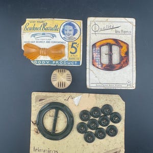 Vtg Art Deco Goody Bowknot Barrette on Card Celluloid Faux Tortoise Belt Scarf Slide on Card & Round Sash Slide w 10 Matching Buttons Props
