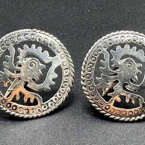 Vintage Tribal Mexican Sterling Silver Aztec Monkey God Ozomatli Earrings Signed Mayan Mythological Taxco Mexico 925 Mesoamerican Indian