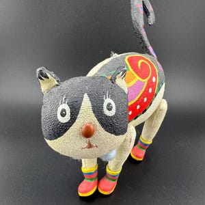 Whimsical Folk Art Cat wearing Boots Soft Sculpture Primitive Anthropomorphic Kitty Hand Painted Outsider Art Canvas Mache Feline Statuette