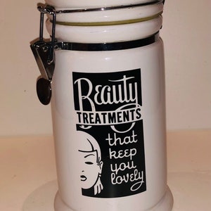 Fun Ceramic Hinged Canister &quot;Beauty Treatments that keep you lovely&quot; California Pantry Beauty Treatments 1997 Retro Ad Art AdGraphics