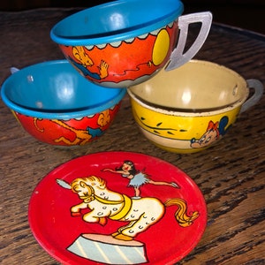 Vintage Art Deco Disney Cup & Ohio Art circus Motif Pcs Walt Disney Productions J Chein Lithograph Tin Toys ca 1920s-30s