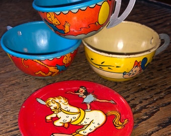 Vintage Art Deco Disney Cup & Ohio Art circus Motif Pcs Walt Disney Productions J Chein Lithograph Tin Toys ca 1920s-30s