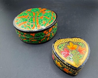 2 Vintage Kashmiri Paper Mache Trinket Boxes from India Small Heart Shaped Stash Box & Oval Lidded Floral Catchall Indian Folk Art