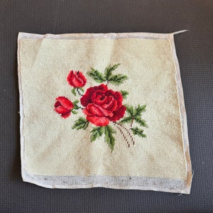 Vintage Floral Hand Embroidered Red Roses Needlepoint Seat Cushion or Throw Pillow Panel Wall Hanging 12&quot; x 13&quot; She Shed Cottagecore