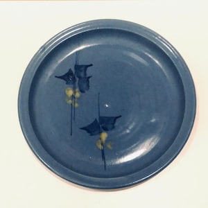 Puede incluir: Un plato de cerámica azul con un diseño simple de dos mariposas estilizadas en negro y amarillo.