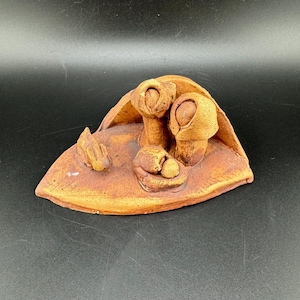 Sweet Little Vintage Clay Folk Art Nativity Scene Sculpture Abstract Ceramic Figurine Mary Joseph and Jesus