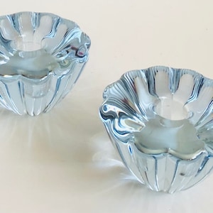 Pair Vtg Orrefors Stella Glass Crystal Blue Candle Holders MCM Swedish Modern Crystal Sweden Sven Palmqvist Scandinavian Modernist