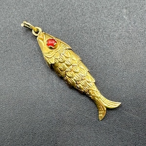 Vtg Articulated 14K Gold Koi Fish w Ruby Eyes Pendant Charm or Lucky Carp for Necklace or Bracelet Nautical Ocean Themed Jewelry 4.5 grams