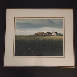 Belle peinture originale vintage de paysage rural signée Francis L Woodahl, peintre amérindien réalisme ouest-américain