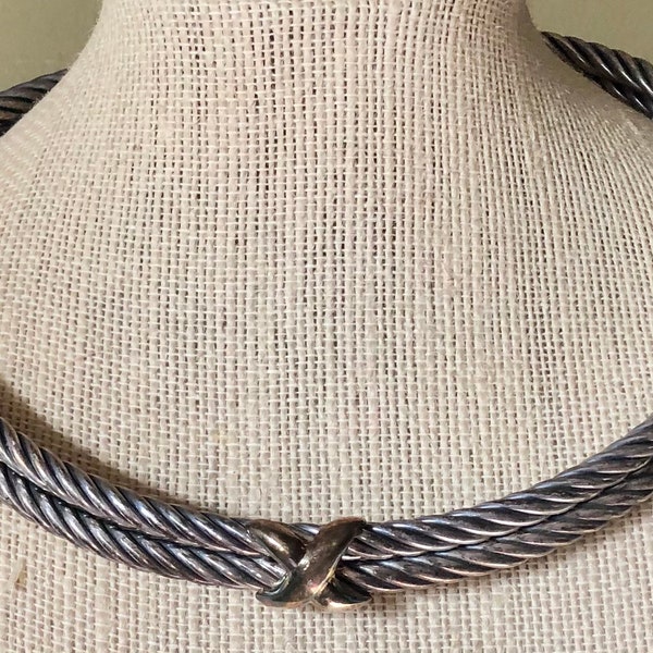 Vintage Double Cable Sterling 18K Flli Menegatti Gold Kiss Italy Collar Necklace 67 Grams Geometric X Designer Twisted Cable Choker SALE