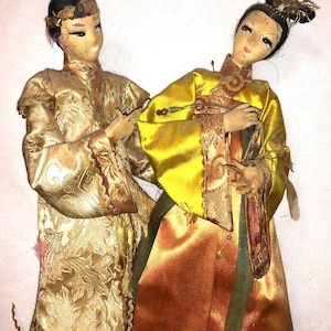 Antique Japanese Dolls Vintage Handmade Asian Couple in Traditional Silk Kimonos Brocade Costumes AS IS or for Restoration