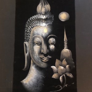 Vintage Velvet Thai Buddha Painting Scroll Wall Hanging Temple Painting Sukhothai Buddhist Siddhartha Gautama Meditation Spiritual Decor