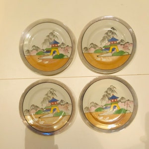 Antique Art Deco Hand Painted Lusterware Dessert Plates Scenic Japanese Pagoda Swans Pink Cherry Blossoms Made in Japan Wall Art AS FOUND