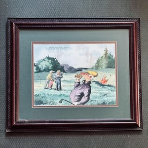Caprichoso Vintage Humorístico Aquarela Golfistas Bebendo no Campo de Golfe Homem Caverna Golfe Arte de Parede Artista Assinado Joe &#39;98 Emoldurado Fosco
