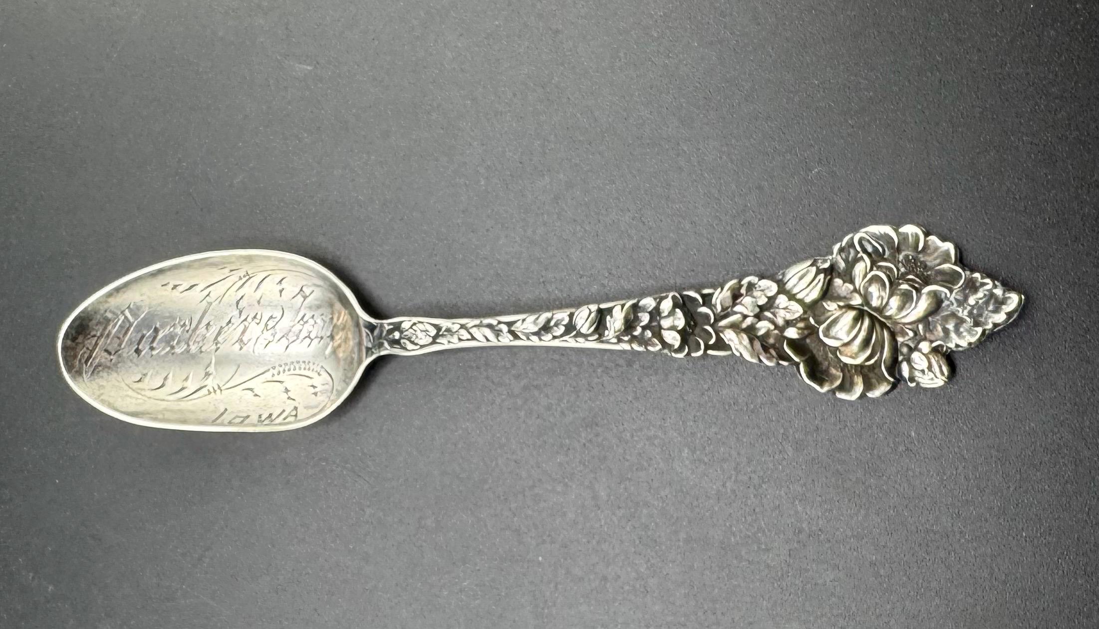Antique Art Nouveau Sterling Silver Parkersburg Iowa Teaspoon Corn Harvest Farmer State Souvenir 1890s Spoon Commemorative Heartland As is