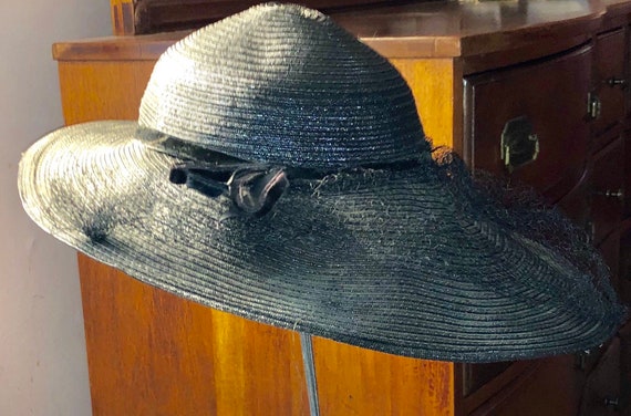 Wide Brimmed Cartwheel Hat Elegant 1940s Black Wi… - image 4