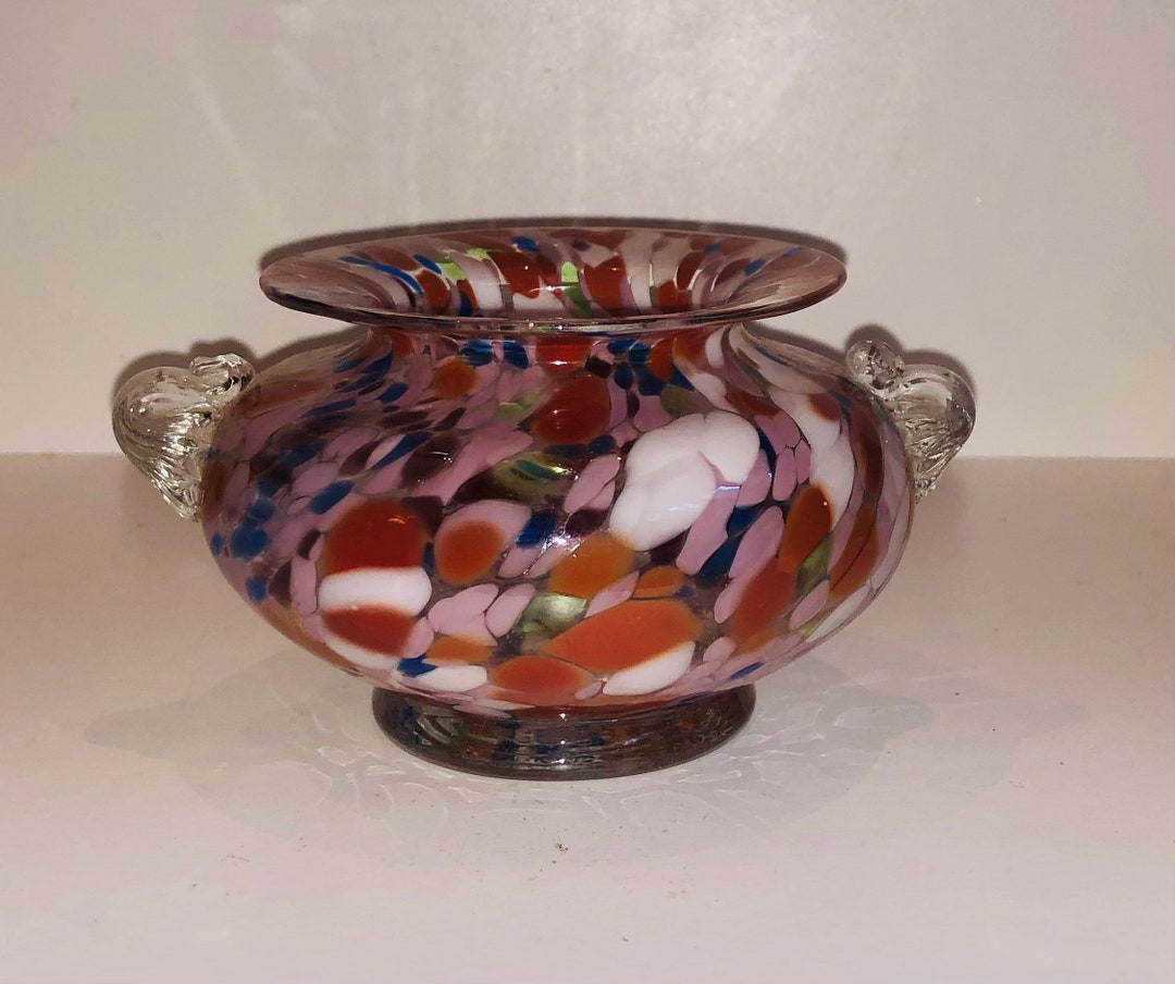 Vintage Confetti Art Glass Handled Bowl Vase Sculpture End of Etsy