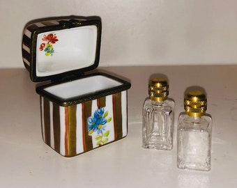 Vintage Limoges De la Reine Trinket Box Double Perfume Casket Gold Crown Hallmark Miniature Hinged Box Mini Scent Bottles Flasks SALE