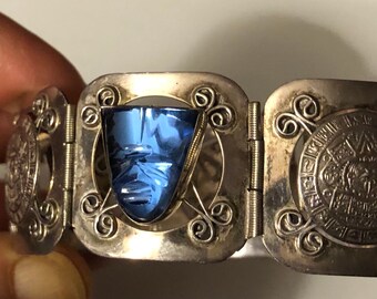 Vintage Blue Mask Bracelet Sterling Silver Tribal Masks Retro Mexican Silver Panel Bracelet Sterling Mayan Calendar