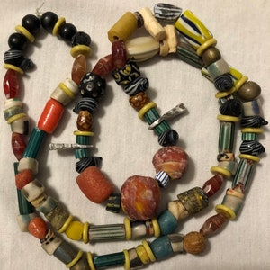 Wonderful Antique Beaded Necklace with African Trade Beads Venetian Beads Sea Glass Carnelian Agates Shell Spindles More