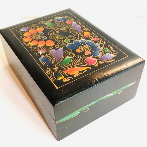 Hand Painted Lacquered Box Miniature Antique Trinket Box Floral Trinket Box Miniature Jewelry Box