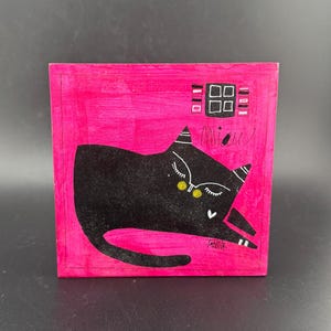 Vintage MCM Style Black Cat Kitty Trinket Box Miniature Postmodern Painting Halloween Cat Handmade Signed Tabbita Miow Folk Art Stash Box