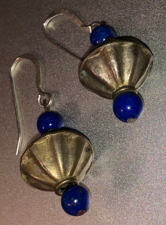 Vintage Tribal Bead Lapis Earrings Pierced Dangle… - image 4