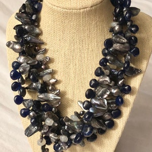 Stunning Dyed Abalone and Cobalt Beaded Triple Strand Bib Necklace
