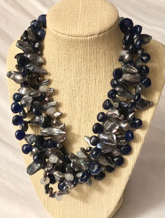 Stunning Dyed Abalone and Cobalt Beaded Triple St… - image 1