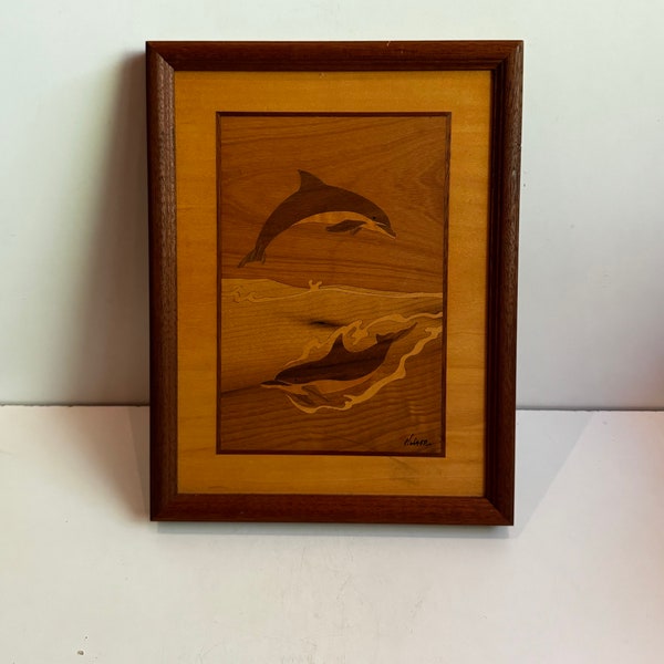 Vintage Inlay Wood Dolphin Picture Marquetry signed Nelson Hudson River Inlay Wood Marquetry Framed Nautical Wall Art Ocean Life Ca 1980s