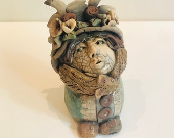 Vintage Ceramic Raku 3D Person in Fur Wrap Ocarina Studio Pottery Whistle Figurine Sculpted Flute Whistling Man or Lady Boho Hippie Granny