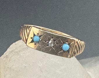 Tiny Antique 10K Gold Edwardian Turquoise Rose Cut Diamond Baby Ring Pinkie Ring Charm Family Heirloom Jewelry sz 00