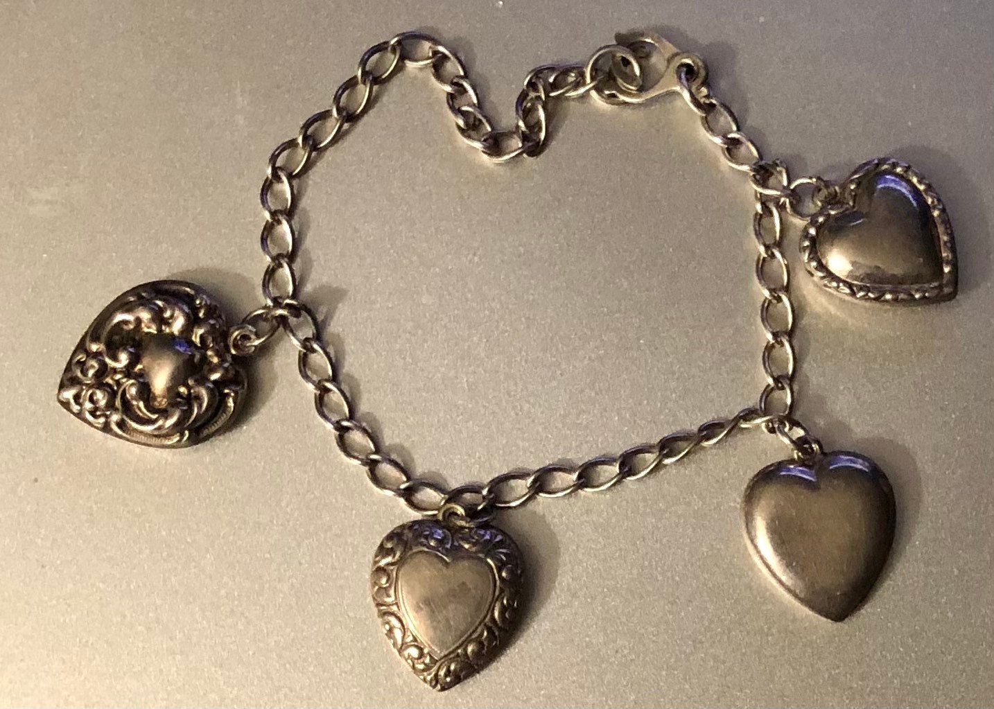 Vintage Heart Charm Bracelet, Victorian Heart Lockets, Vintage 1950s  Bracelet, Bridemaid Gift, Valentine Jewelry, Sweetheart Gift BR214 