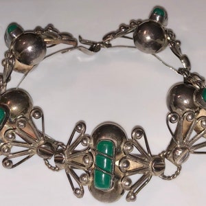 Vintage Mexican Bracelet Large Mexican Green Onyx Bracelet Open Work Filigree Bracelet