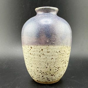 Könnte beinhalten: Eine Keramikvase mit einem gesprenkelten Überzug. Die obere Hälfte der Vase ist helllila, während die untere Hälfte gesprenkelt weiß mit braunen Flecken ist.