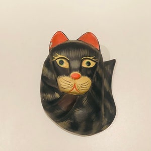 Vtg Laurel Burch Style Curled Up Cat Statue Balinese Wood Carved Grey Black Striped Tiger Kitty Cat Big Eyed Tabby Sculpture Cat Lover Gift