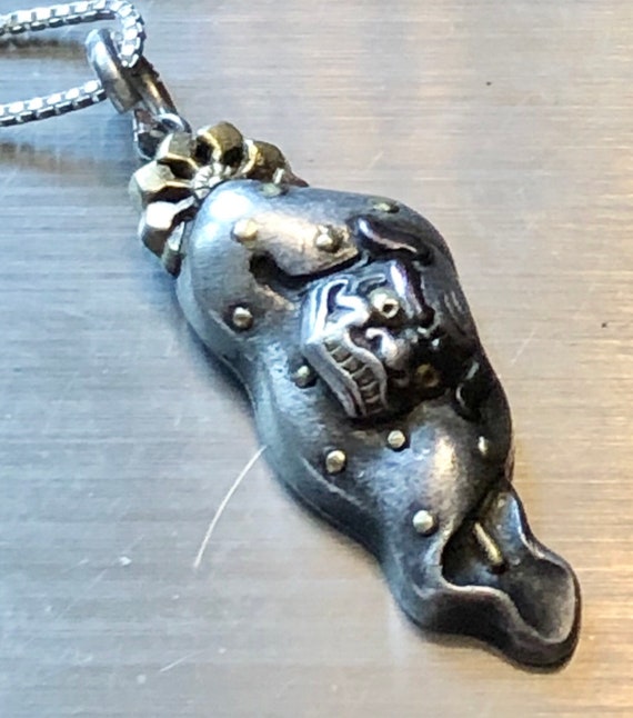 Antique Asian Foo Dog Pendant Necklace Fuchi Kashi