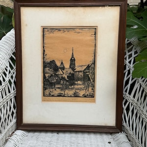 Vtg Signed German Village Church Etching Wall Art Framed Print