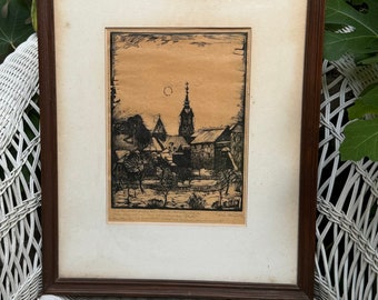 Vtg Signed German Village Church Etching Wall Art Framed Print