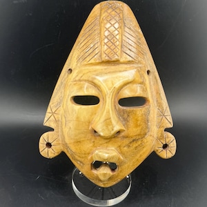 Masque funéraire aztèque en pierre sculpté à la main vintage Maya, inca, mythologique, style précolombien, art folklorique mexicain, sculpture à effigie humaine, tenture murale
