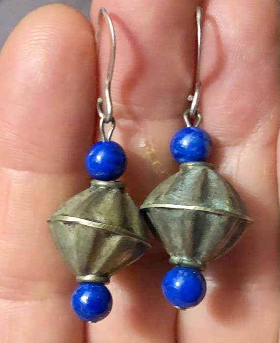 Vintage Tribal Bead Lapis Earrings Pierced Dangle… - image 6