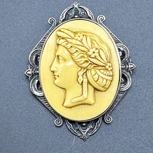 Antique Edwardian Art Deco Celluloid Cameo Brooch Silver Filigree Mounting Victorian Revival Dark Academia
