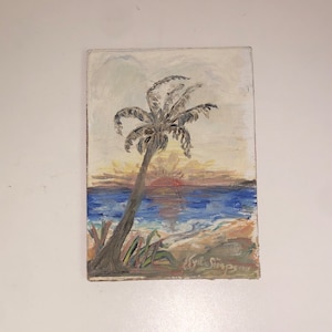 Sweet Little Original Miniature Tropical Sunset Oil Painting Sarasota Florida Seascape Palm Tree Ocean Breeze Nautical Coastal Grandmother