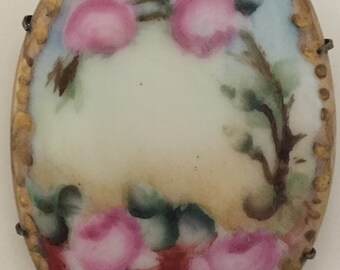 Antique Victorian Rose Brooch Handpainted Porcelain Painted Roses Brooch Large Hand Painted Chic Cottagecore Granny's Jewelry Stash! SALE